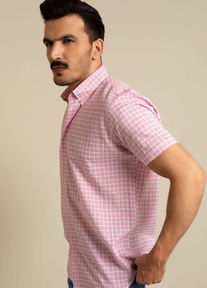Brumano Cotton  Shirts for Men -  Pink Seersucker Half Sleeve Shirt BRM-1393