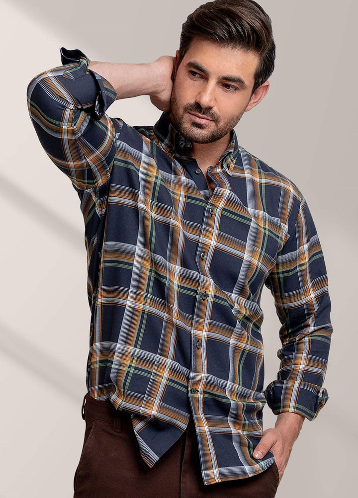 Brumano Cotton Formal Shirts for Men -  Mustard & Navy Blue & Checkerd Shirt-SS2022