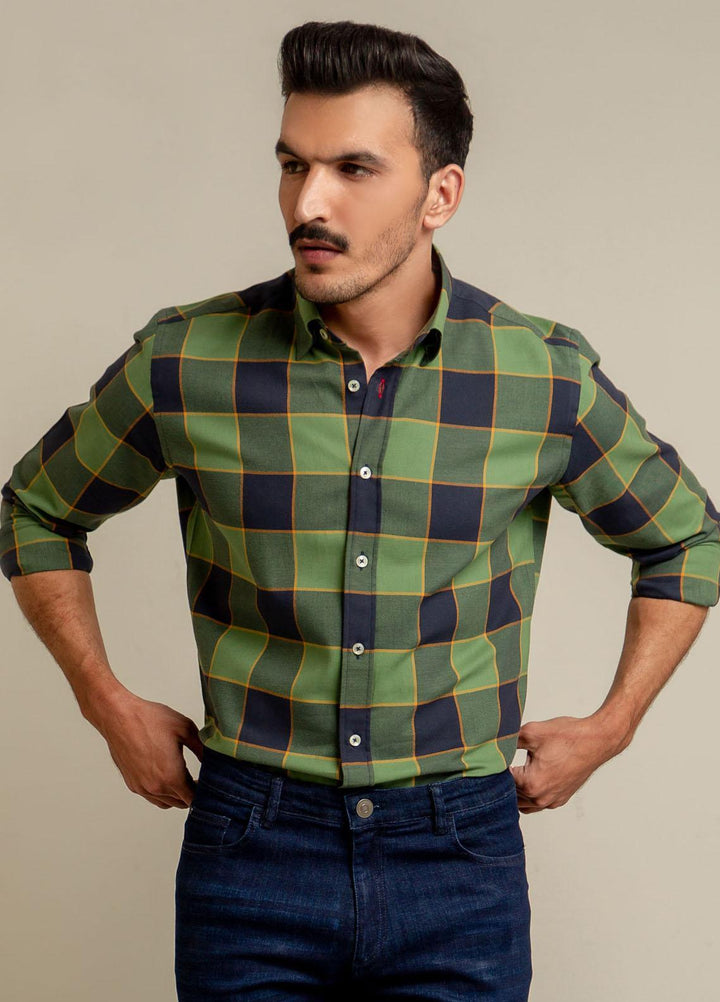 Brumano Cotton Formal Shirts for Men -  Green & Navy Checkered Flannel Shirt-SS2022
