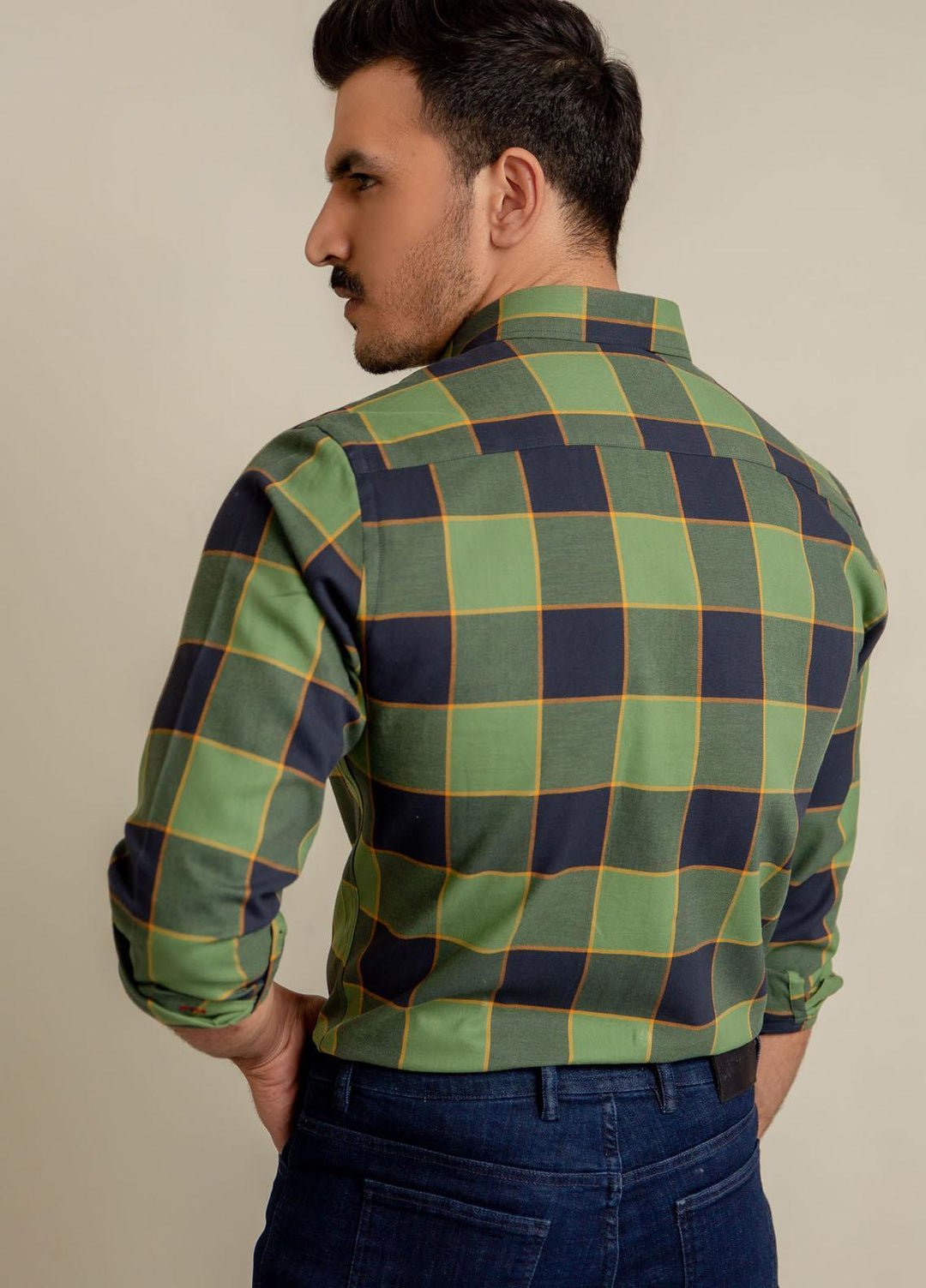 Brumano Cotton Formal Shirts for Men -  Green & Navy Checkered Flannel Shirt-SS2022