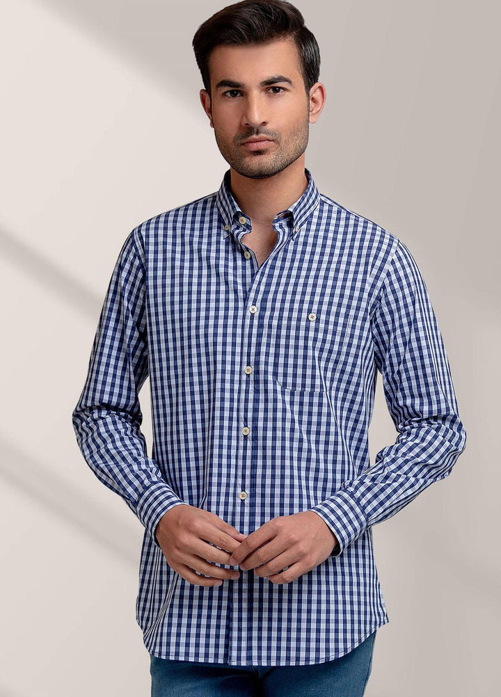Brumano Cotton Formal Men Shirts -  Blue Gingham Button Down Shirt-SS2022