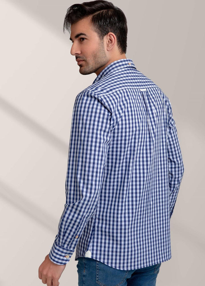 Brumano Cotton Formal Men Shirts -  Blue Gingham Button Down Shirt-SS2022