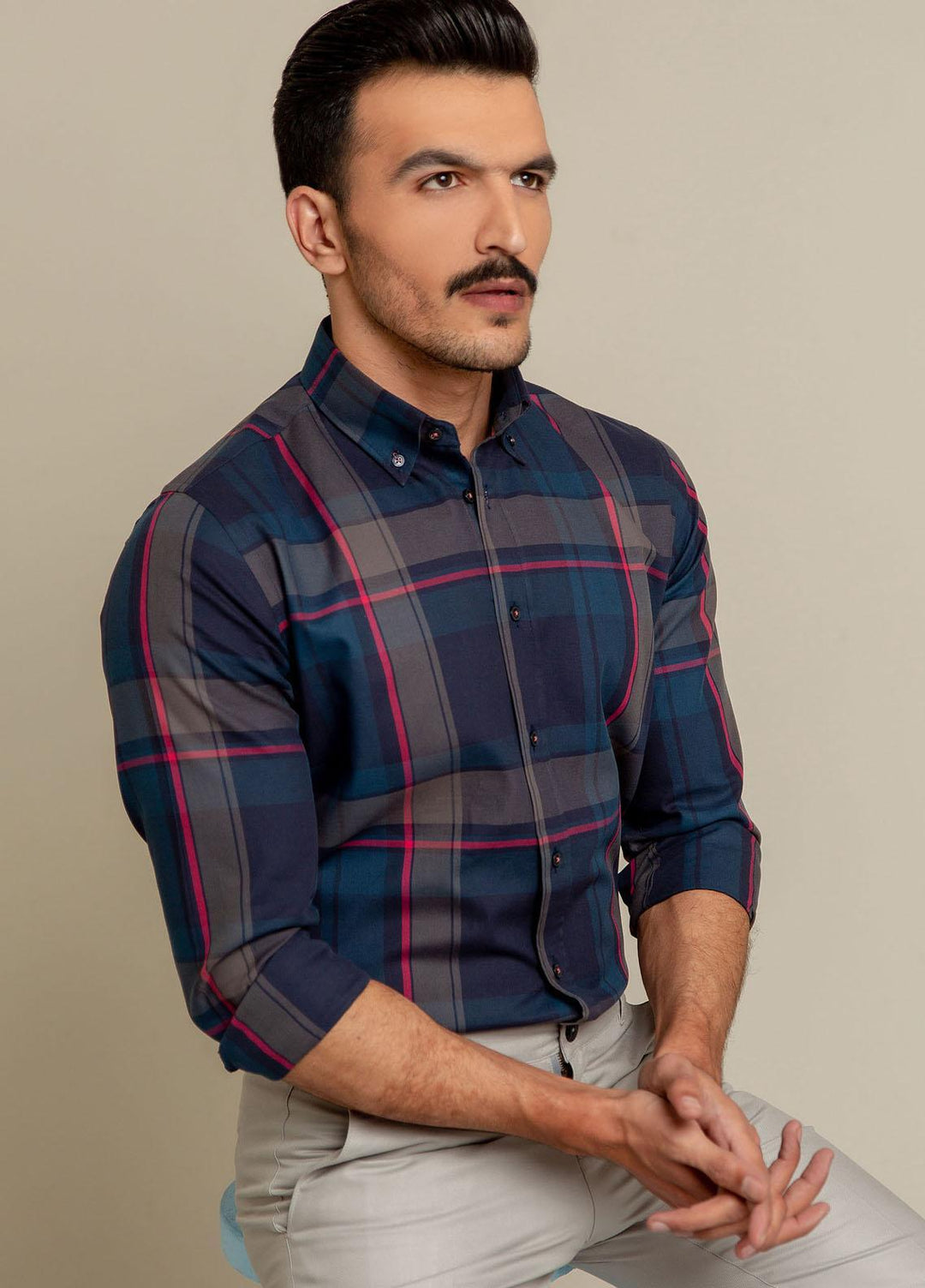 Brumano Cotton  Shirts for Men -  Blue & Grey Flannel Checkered Shirt BRM-1417