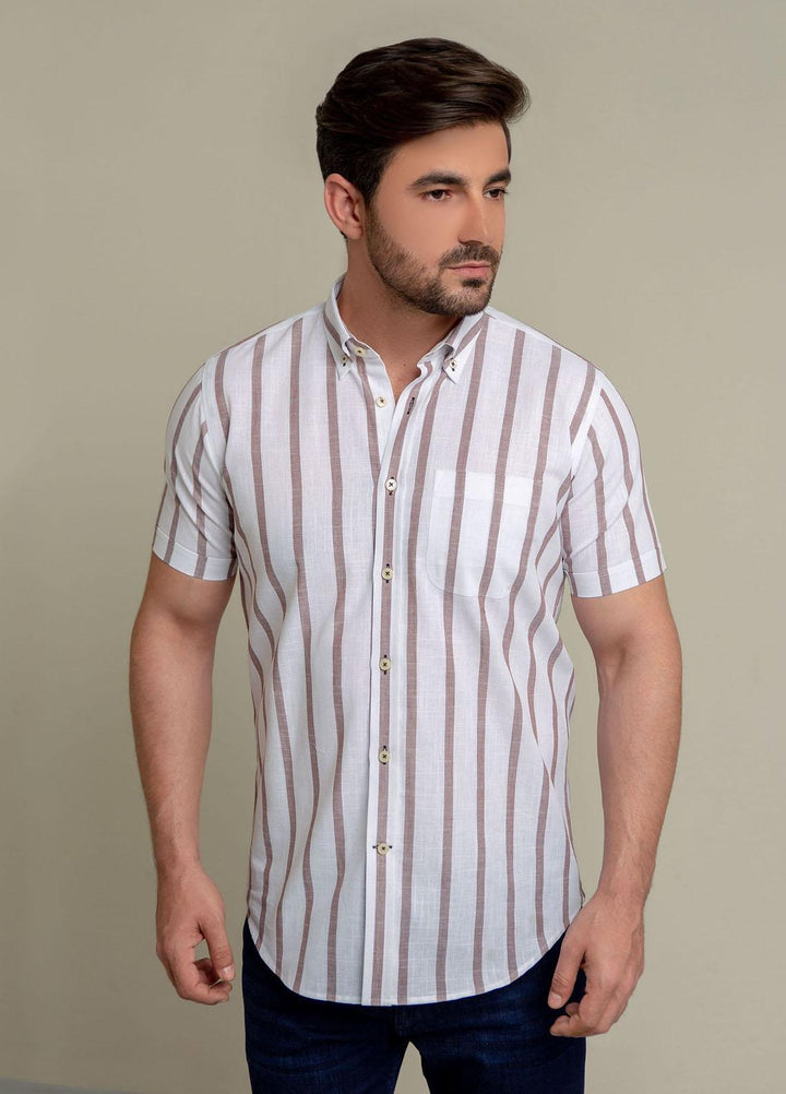 Brumano Cotton  Shirts for Men -  Brown & White Striped Half Sleeve Shirt BRM-1430