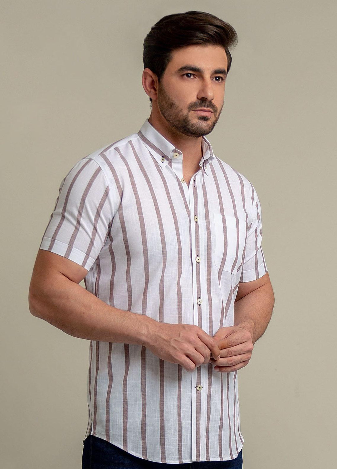 Brumano Cotton  Shirts for Men -  Brown & White Striped Half Sleeve Shirt BRM-1430