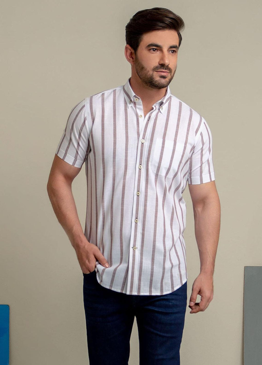 Brumano Cotton  Shirts for Men -  Brown & White Striped Half Sleeve Shirt BRM-1430
