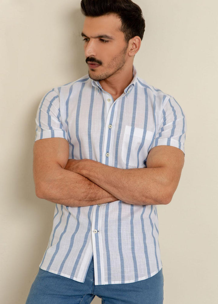 Brumano Cotton  Shirts for Men -  Blue & White Striped Half Sleeve Shirt BRM-1431