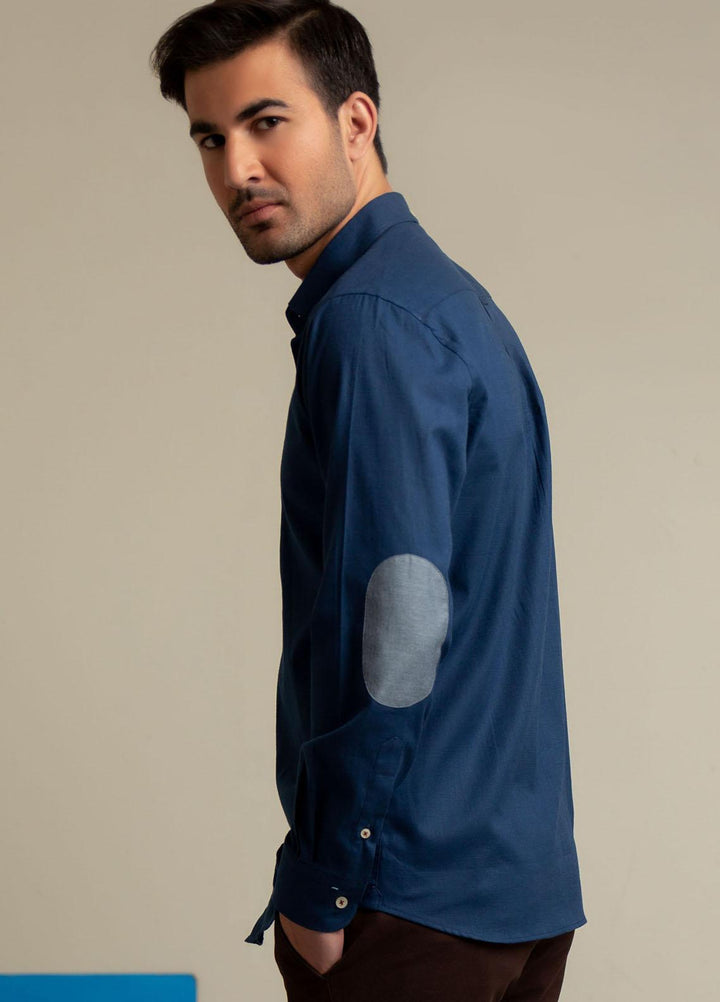 Brumano Cotton  Shirts for Men -  Blue Slub Shirt With Elbow Patch BRM-1433
