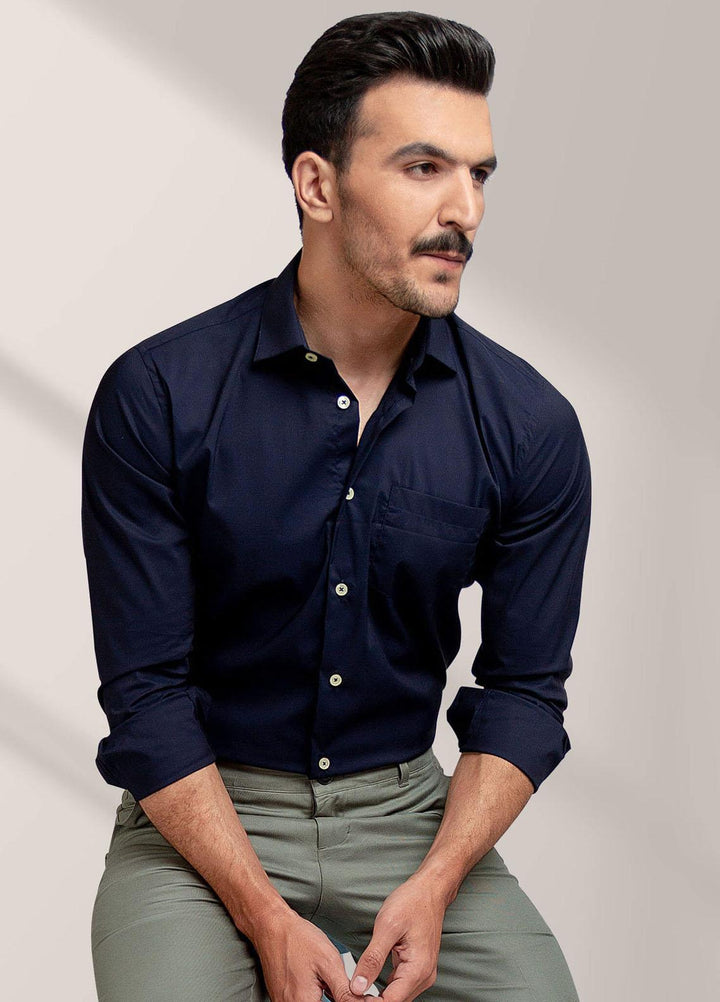 Brumano Cotton Formal Shirts for Men -  Classic Navy Blue Satin Shirt-SS2022