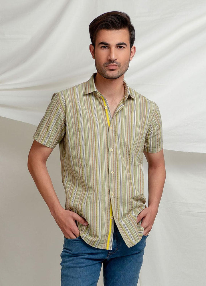 Brumano Cotton  Shirts for Men -  Olive Striped Seersucker Half Sleeve Shirt BRM-1439
