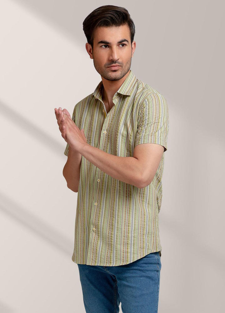 Brumano Cotton  Shirts for Men -  Olive Striped Seersucker Half Sleeve Shirt BRM-1439