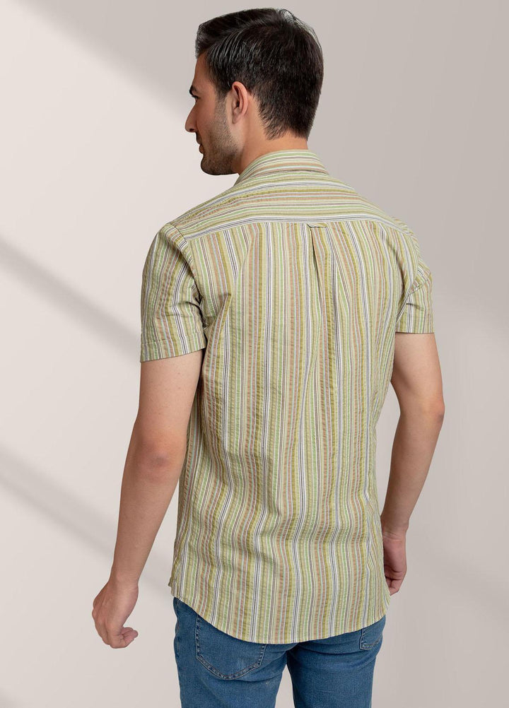 Brumano Cotton  Shirts for Men -  Olive Striped Seersucker Half Sleeve Shirt BRM-1439