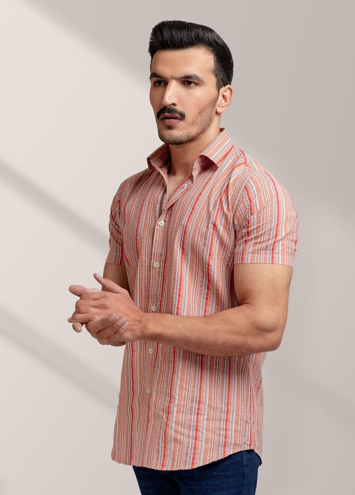 Brumano Cotton  Shirts for Men -  Orange Striped Seersucker Half Sleeve Shirt BRM-1440
