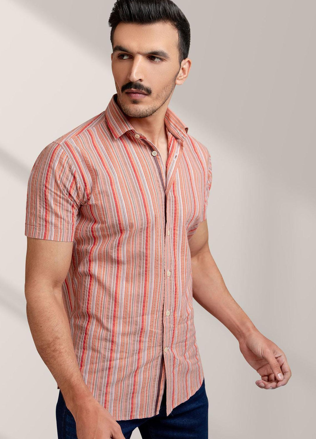 Brumano Cotton  Shirts for Men -  Orange Striped Seersucker Half Sleeve Shirt BRM-1440