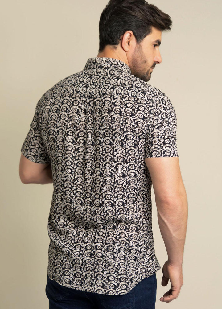 Brumano Cotton  Shirts for Men -  Black & Beige Half Sleeve Floral Printed Shirt BRM-1455