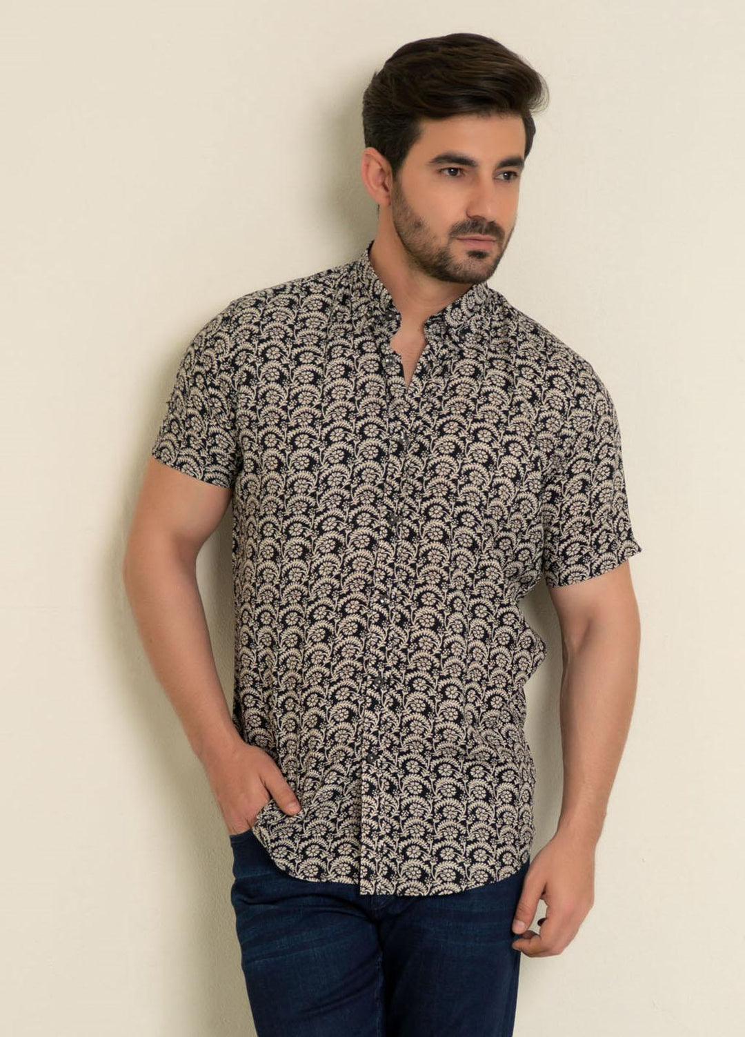 Brumano Cotton  Shirts for Men -  Black & Beige Half Sleeve Floral Printed Shirt BRM-1455