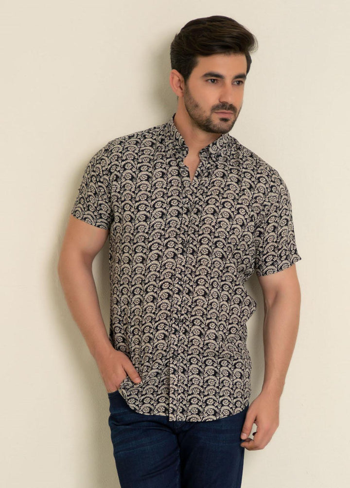 Brumano Cotton  Shirts for Men -  Black & Beige Half Sleeve Floral Printed Shirt BRM-1455
