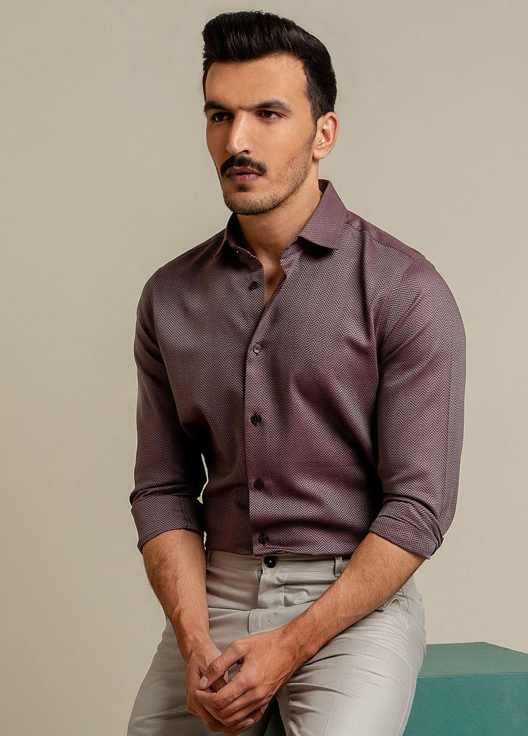 Brumano Cotton Formal Men Shirts -  Maroon & Grey Herringbone Formal Shirt-SS2022