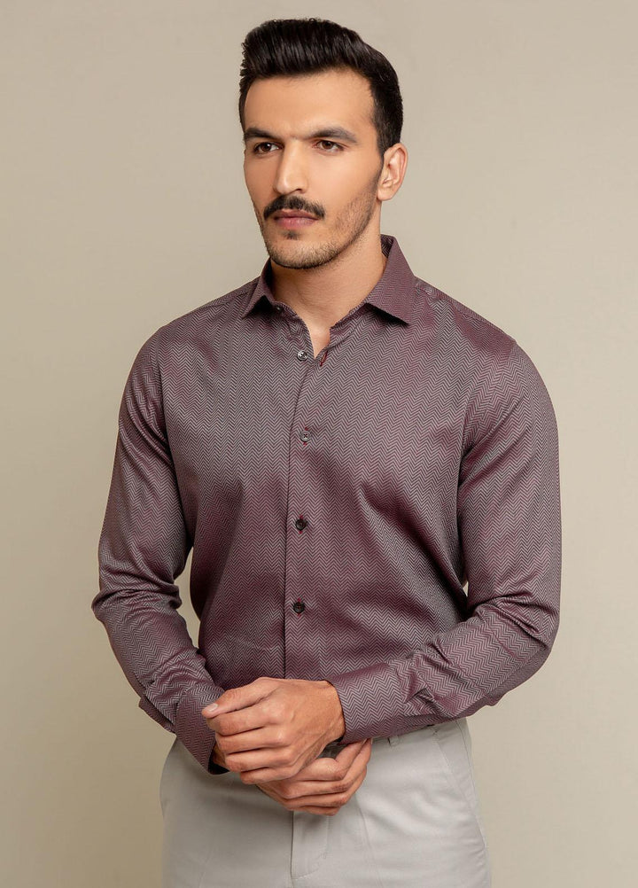Brumano Cotton Formal Men Shirts -  Maroon & Grey Herringbone Formal Shirt-SS2022