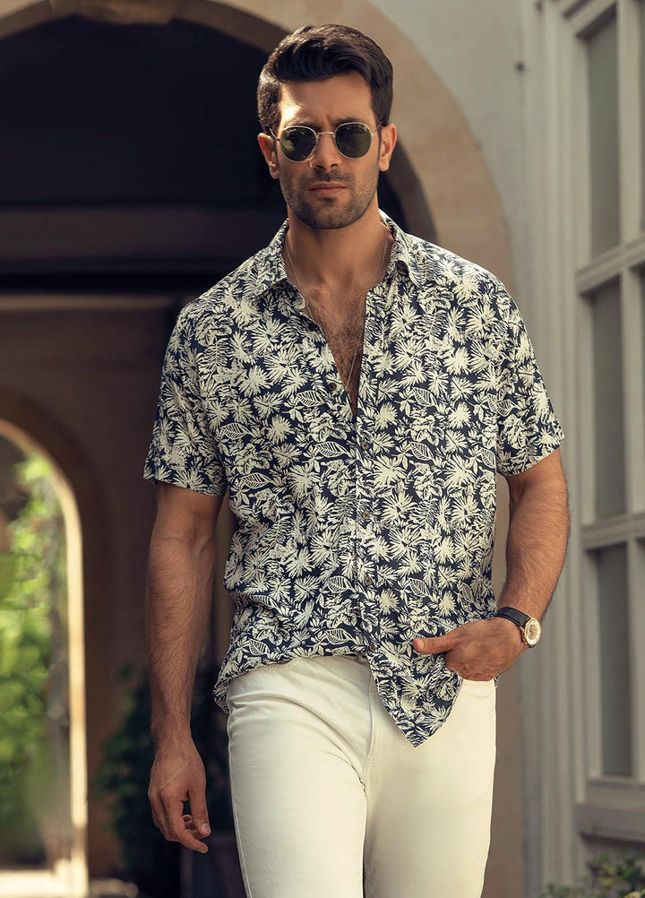 Brumano Cotton  Shirts for Men -  Navy Blue Floral Half Sleeve Printed Shirt BRM-1457