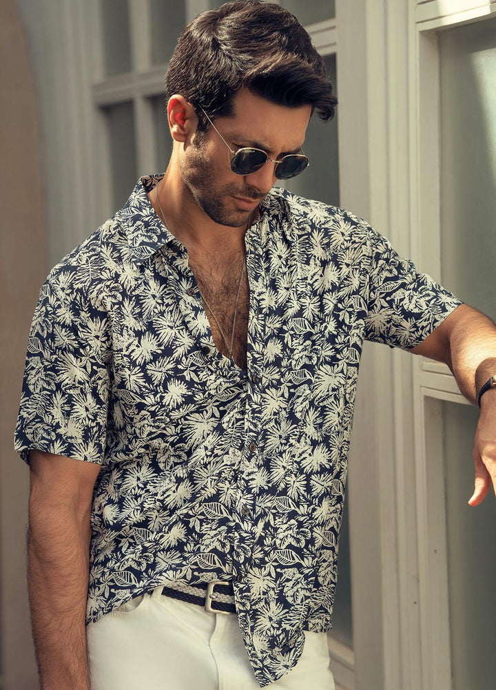 Brumano Cotton  Shirts for Men -  Navy Blue Floral Half Sleeve Printed Shirt BRM-1457