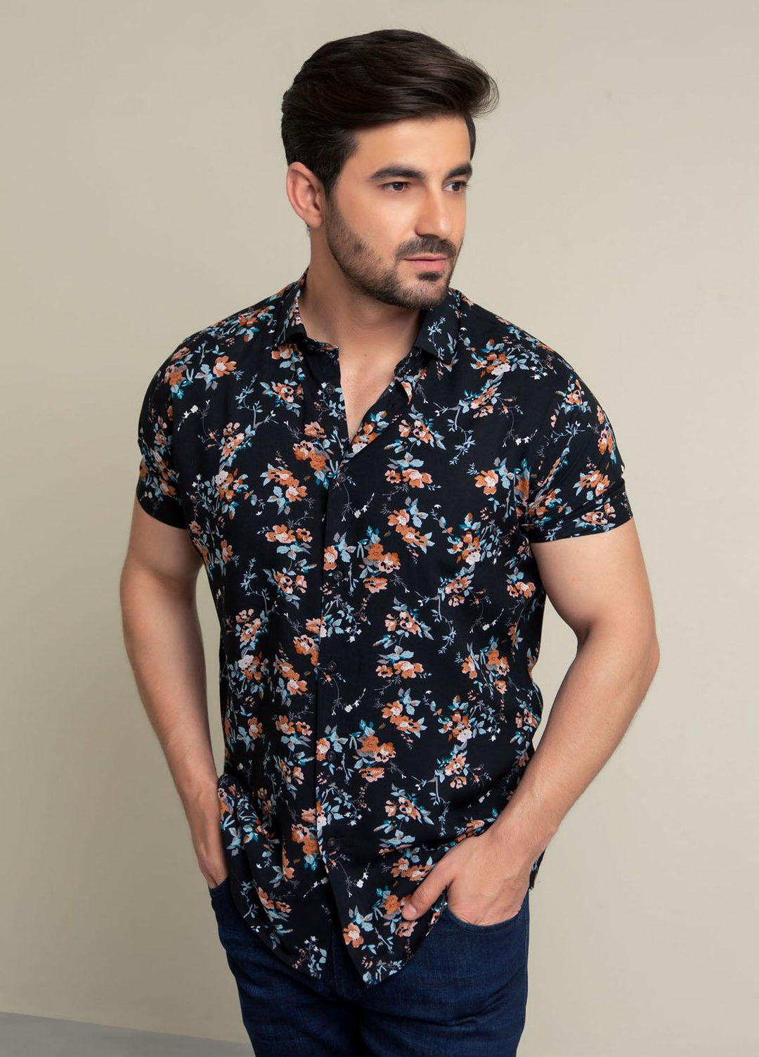 Brumano Cotton  Shirts for Men -  Black & Orange Printed Short Sleeve Shirt BRM-1458