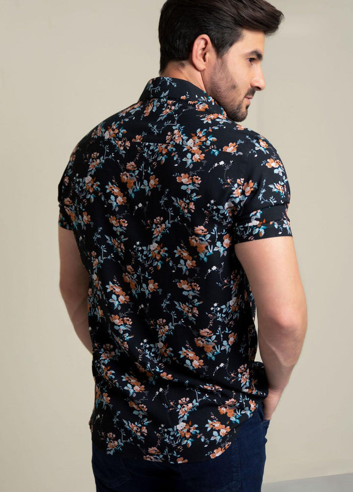 Brumano Cotton  Shirts for Men -  Black & Orange Printed Short Sleeve Shirt BRM-1458