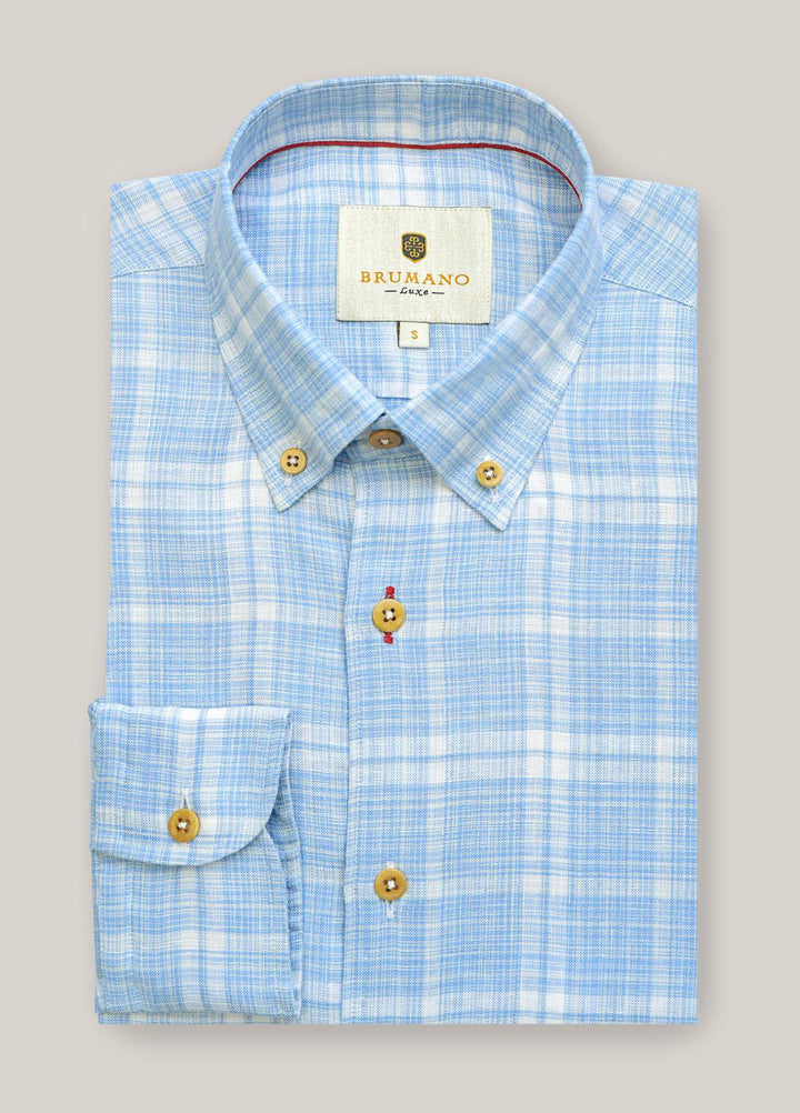 Brumano Linen  Shirts for Men -  Blue Checkered 100% Linen Shirt BRM-1364