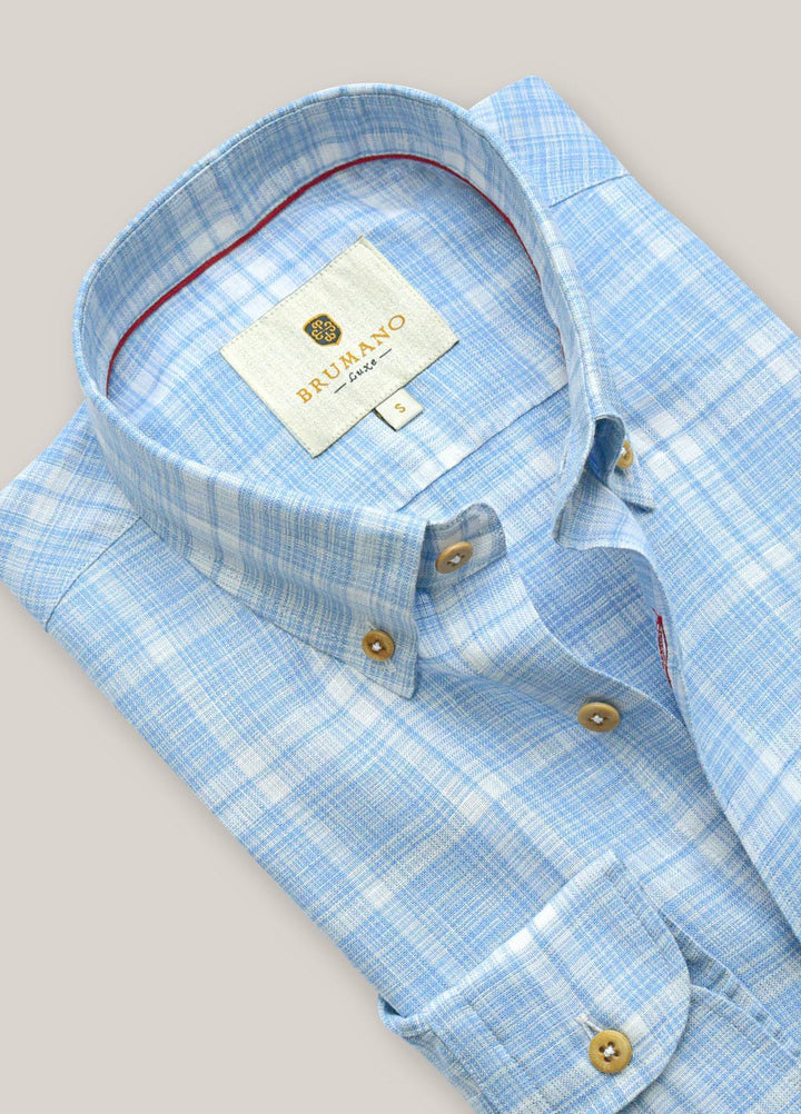 Brumano Linen  Shirts for Men -  Blue Checkered 100% Linen Shirt BRM-1364