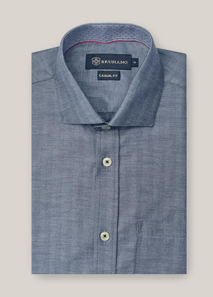 Brumano Cotton  Shirts for Men -  Blue Herringbone Pattern Formal Shirt BRM-1412