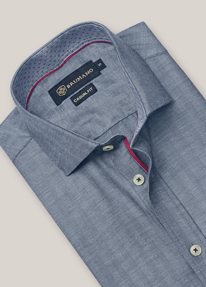Brumano Cotton  Shirts for Men -  Blue Herringbone Pattern Formal Shirt BRM-1412