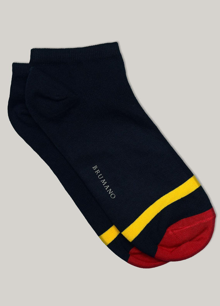 Brumano Cotton Socks Navy with Red & Yellow Contrast Cotton Ankle