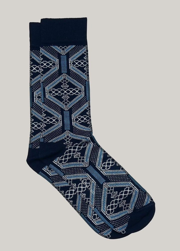 Brumano Cotton Socks Blue Horizontal Patterned Mercerized