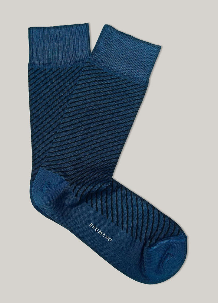 Brumano Cotton Socks Teal Blue Striped Mercerized