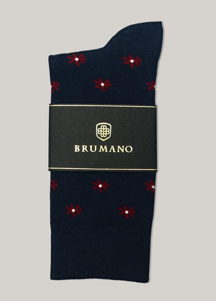 Brumano Cotton Socks Navy Blue & Red Cut Flower Cotton