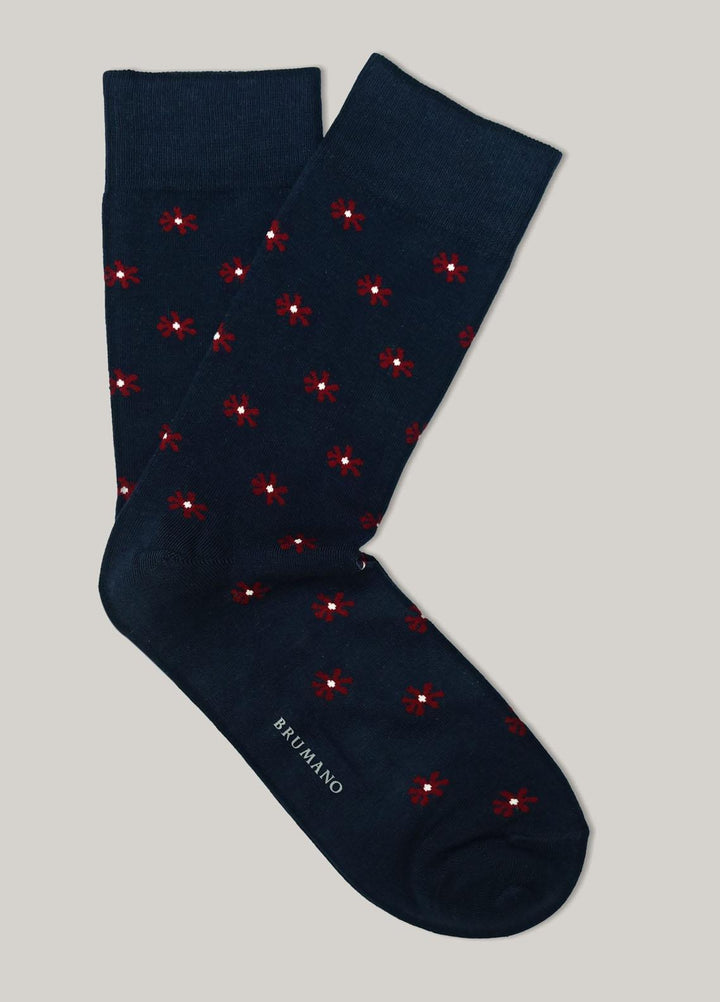 Brumano Cotton Socks Navy Blue & Red Cut Flower Cotton