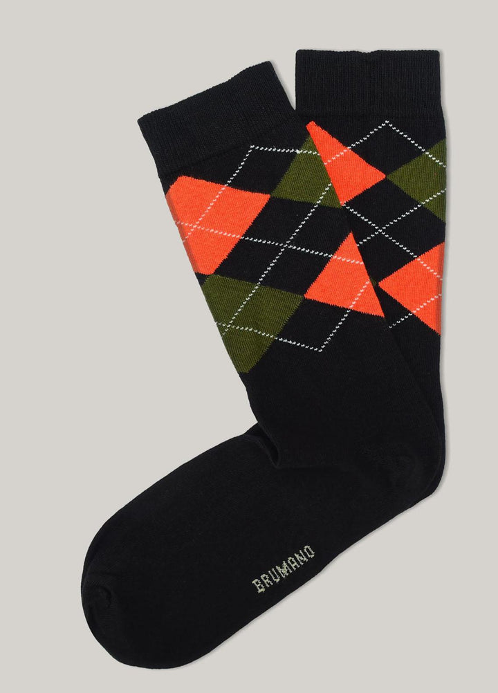 Brumano Cotton Socks Black & Orange Horizontal Pattern Cotton