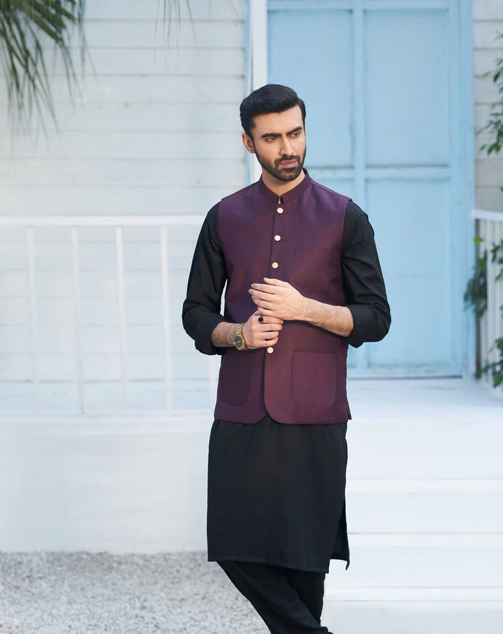 Muraqsh Ready To Wear Solids Cotton Men Black Kameez Shalwar with Burgundy Suiting Waistcoat Round Cut MURP-BW-KS - Summer Collection