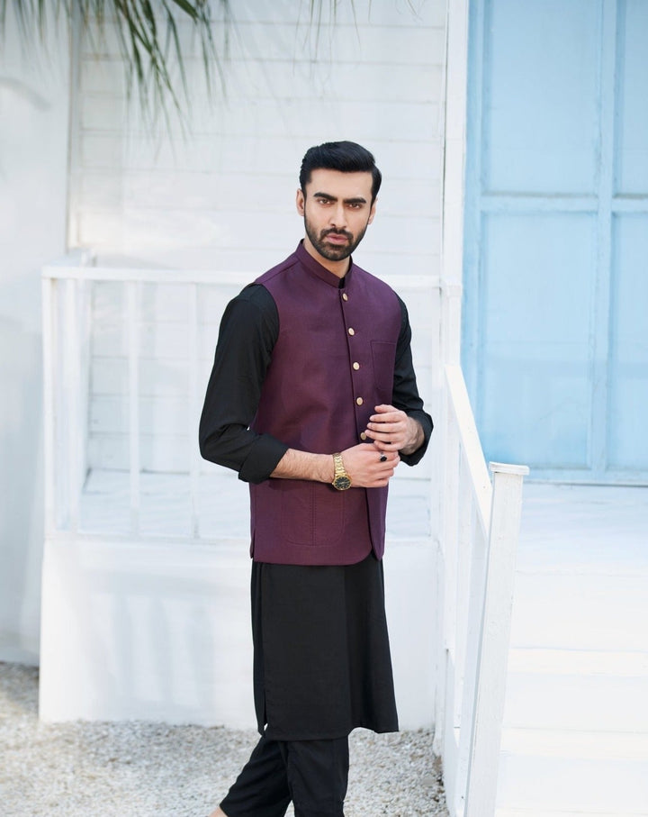 Muraqsh Ready To Wear Solids Cotton Men Black Kameez Shalwar with Burgundy Suiting Waistcoat Round Cut MURP-BW-KS - Summer Collection