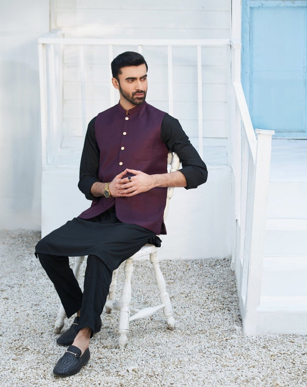 Muraqsh Ready To Wear Solids Cotton Men Black Kameez Shalwar with Burgundy Suiting Waistcoat Round Cut MURP-BW-KS - Summer Collection