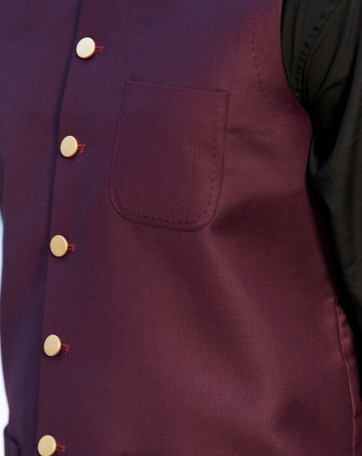 Muraqsh Ready To Wear Solids Cotton Men Black Kameez Shalwar with Burgundy Suiting Waistcoat Round Cut MURP-BW-KS - Summer Collection