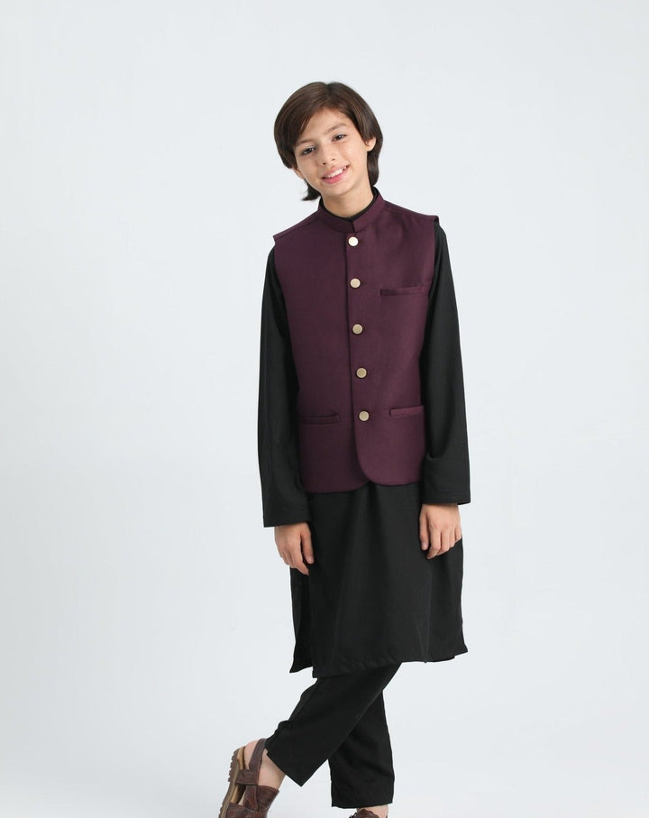 Muraqsh Ready To Wear Solids Cotton Boys Black Kurta Trouser with Burgundy Suiting Waistcoat MURP - Summer Collection