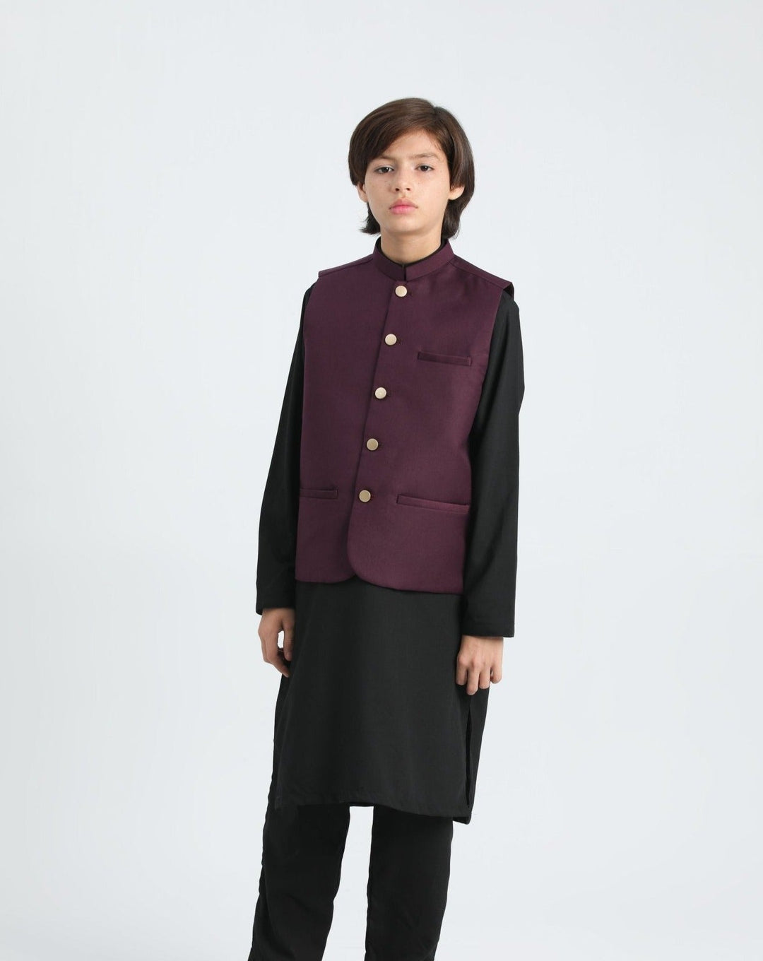 Muraqsh Ready To Wear Solids Cotton Boys Black Kurta Trouser with Burgundy Suiting Waistcoat MURP - Summer Collection