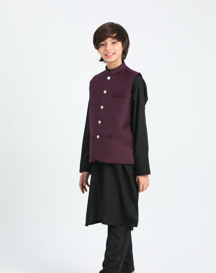 Muraqsh Ready To Wear Solids Cotton Boys Black Kurta Trouser with Burgundy Suiting Waistcoat MURP - Summer Collection