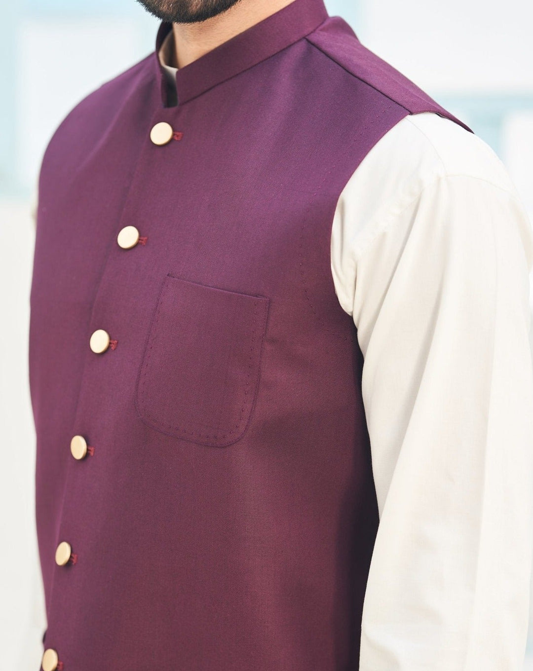 Muraqsh Ready To Wear Solids Cotton Men Burgundy Suiting Waistcoat Round Cut MUR-BW - Summer Collection
