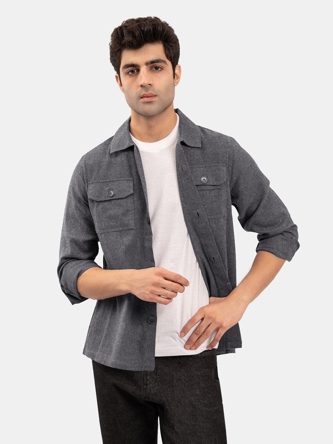 Brumano Mens RTW Solids Cotton Shirt Suit Charcoal Grey With Flat Pockets Winter Collection