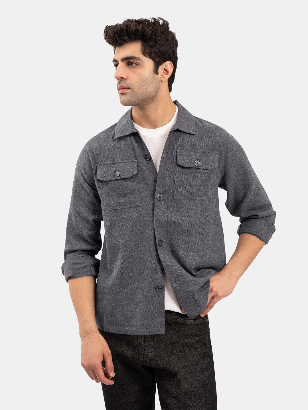 Brumano Mens RTW Solids Cotton Shirt Suit Charcoal Grey With Flat Pockets Winter Collection