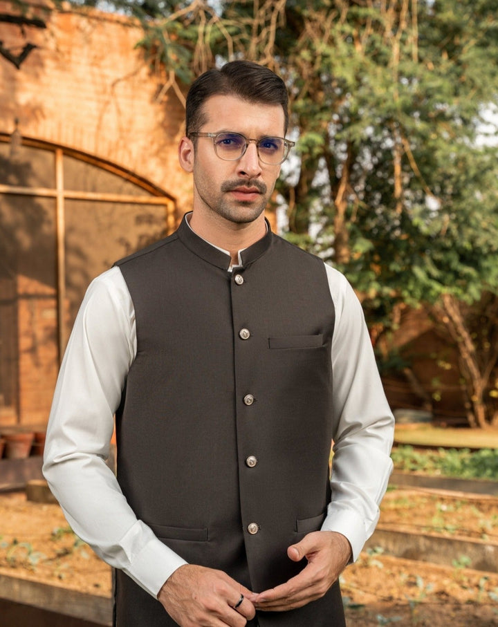 Muraqsh Ready To Wear Solids Cotton Men Dark Brown Suiting Waistcoat Round Cut MUR-DB- - Summer Collection