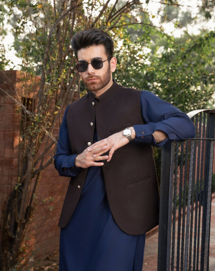 Muraqsh Ready To Wear Solids Cotton Men Dark Brown Suiting Waistcoat Round Cut MUR-DB- - Summer Collection