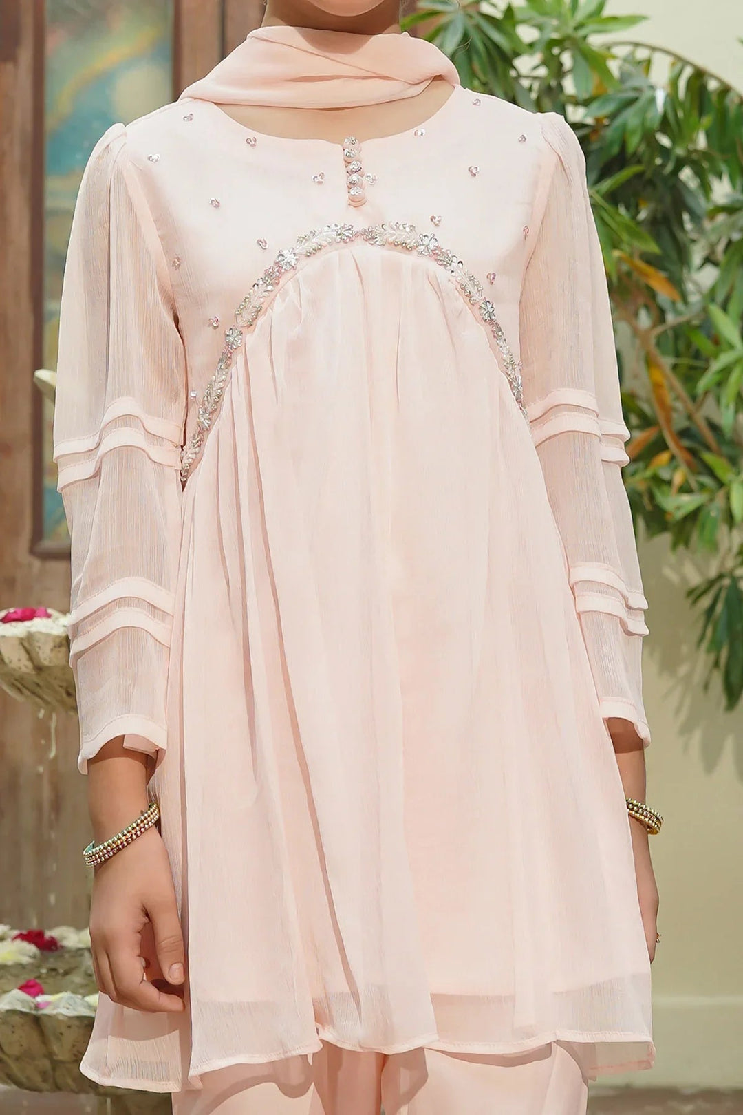 Ochre RTW Embroidered Girls 3 Piece Chiffon Hand Adda Work OFW-AC-46 - Summer Collection